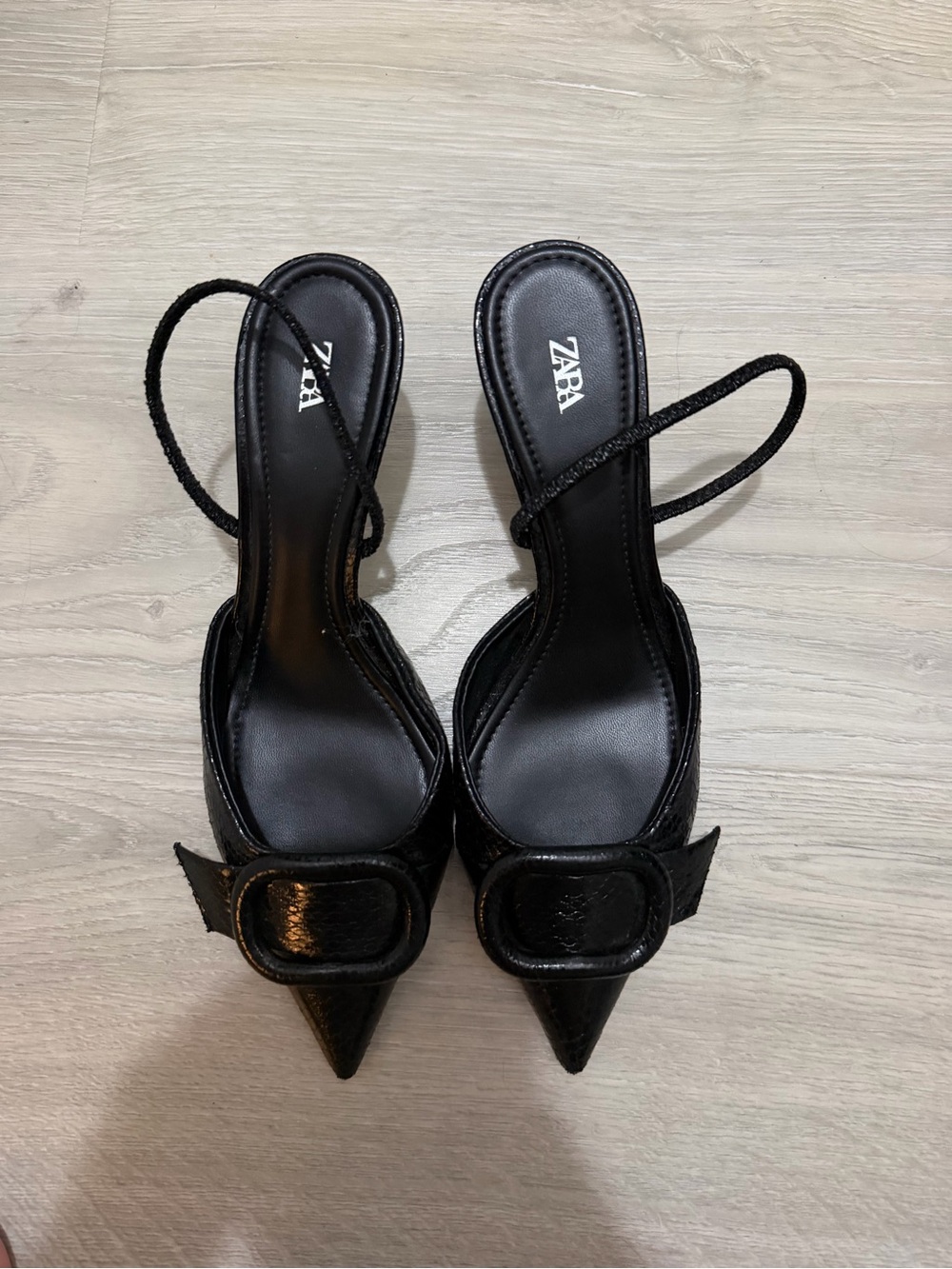 Zara Black Pointed Toe Slingback Heels with Buckle Accent